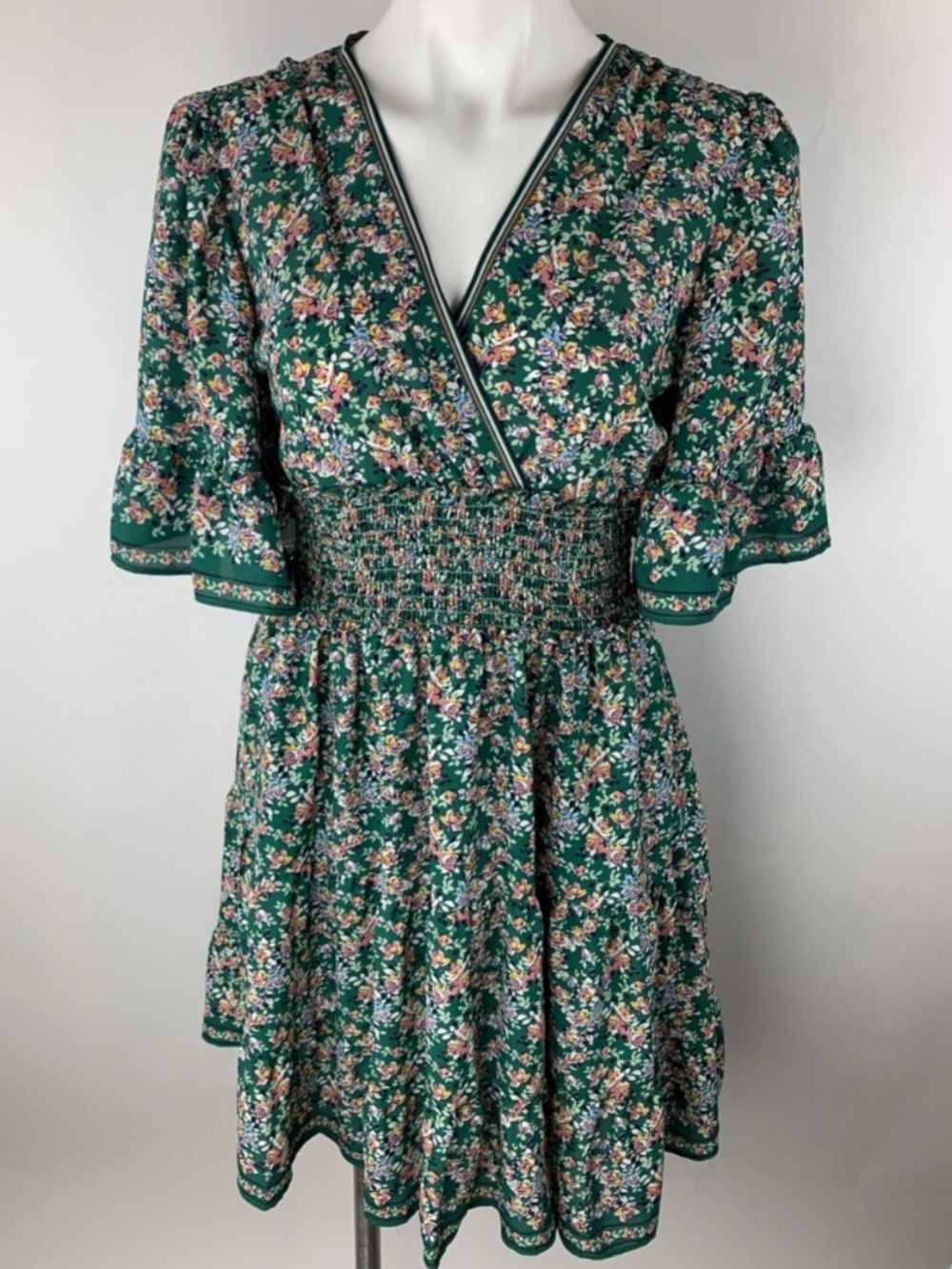 Max Studio Green Floral Faux Wrap Smocked Waist Defined Dress- Size Medium
